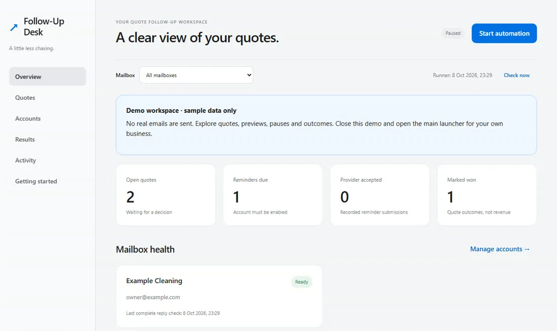 Follow-Up Desk overview screen