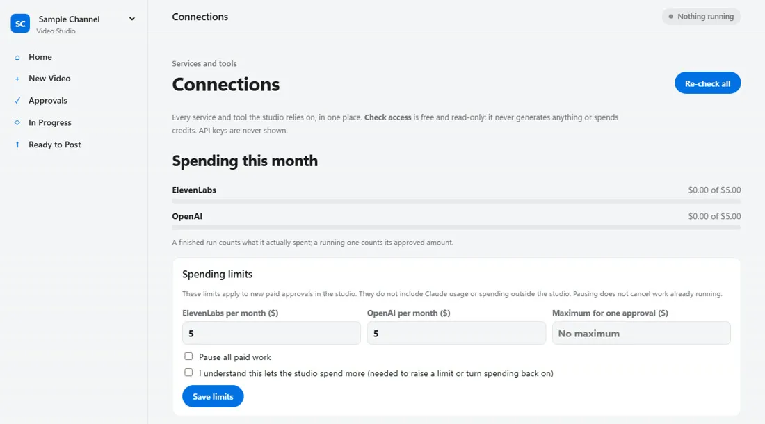 Video Studio's spending screen showing a monthly limit for each AI provider and a switch to pause all paid work